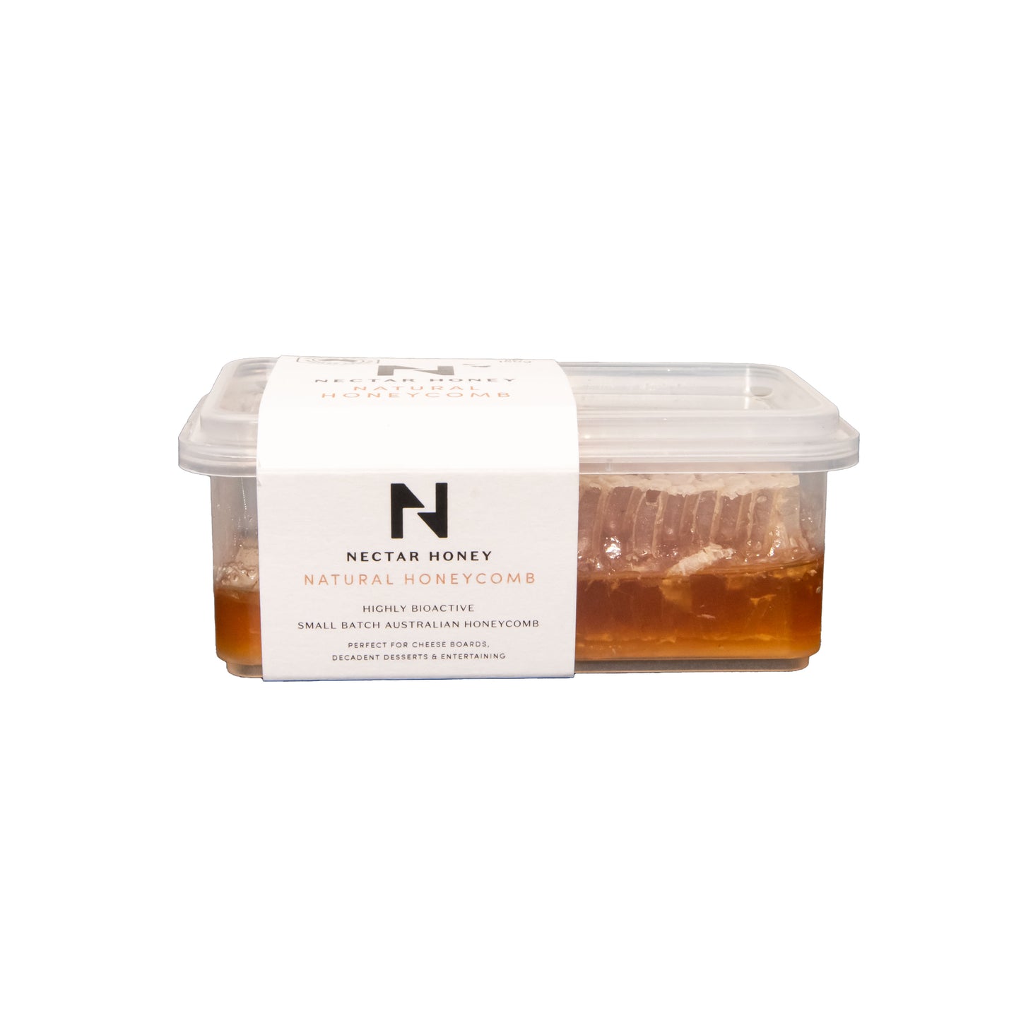 Container of Nectar Honey natural honeycombs with a white label on a white background