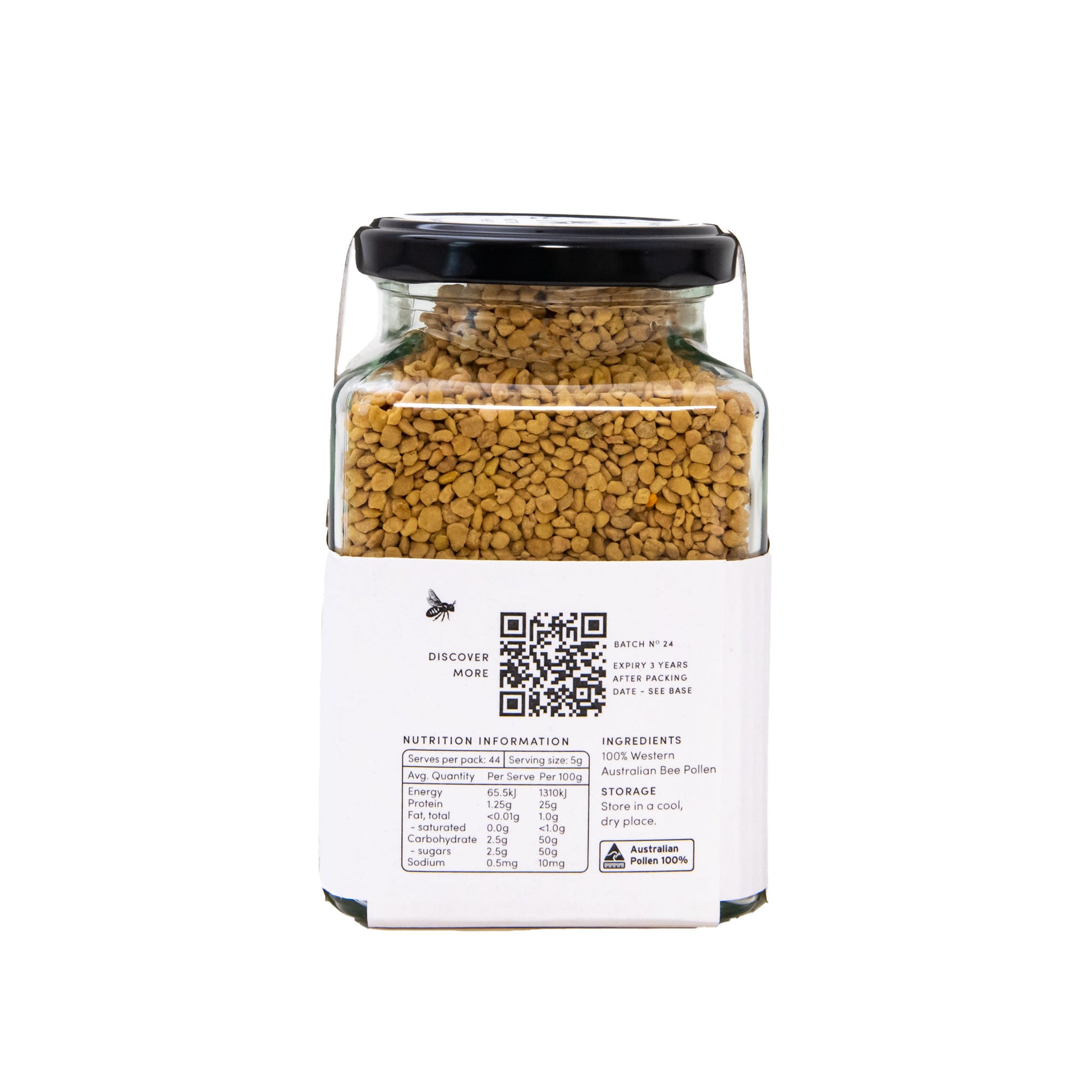Jar of Bee Pollen 220g. Side view.
