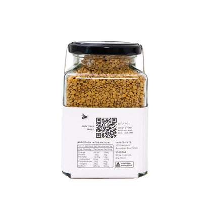 Jar of Bee Pollen 220g. Side view.