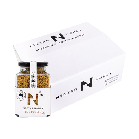 Nectar Honey bee pollen jar with packaging on a white background