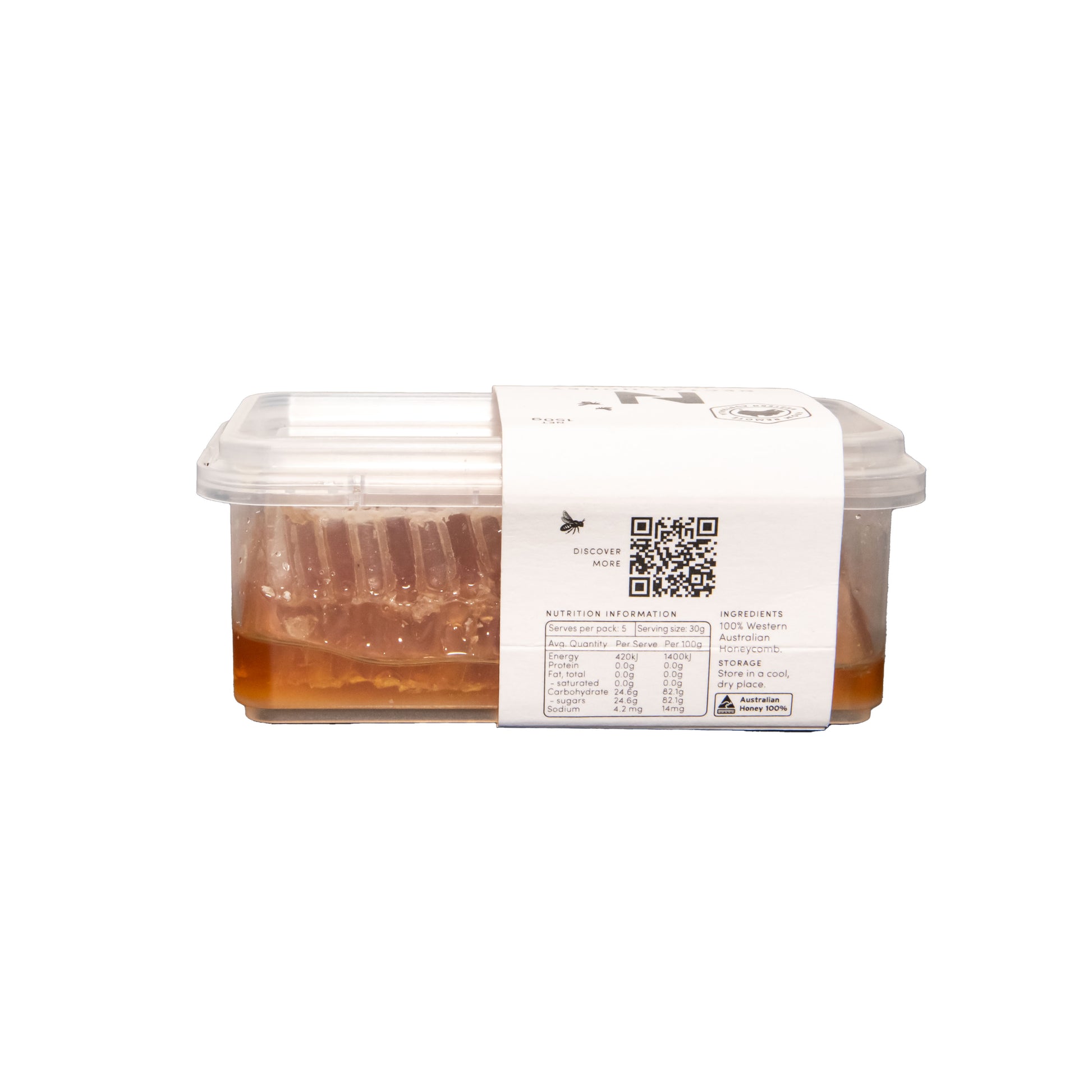 Container of Nectar Honey Honeycomb on a white background