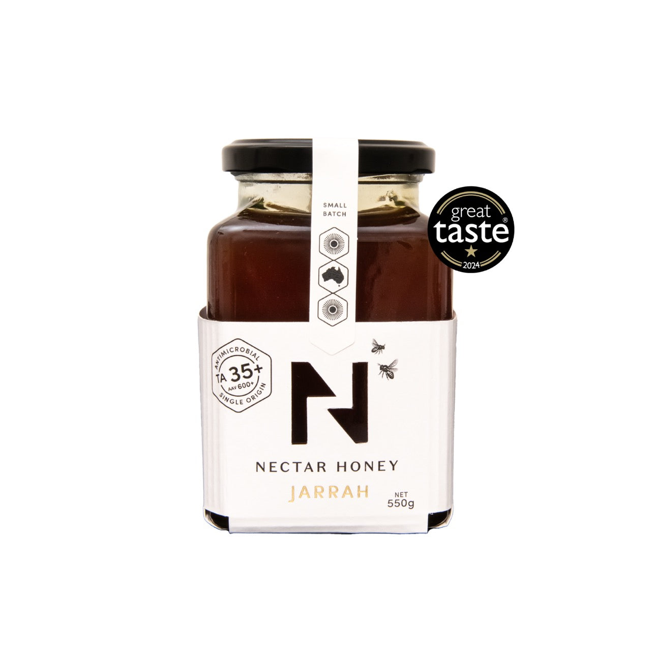 A jar of Jarrah honey from Nectar Honey with a label indicating it is raw, unprocessed, and has a Great Taste Award for 2024.