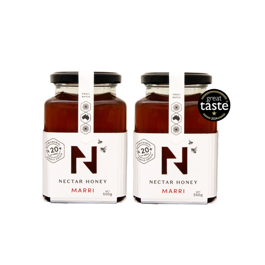 Two jars of Nectar Honey Marri with a 'Great Taste' award on a white background