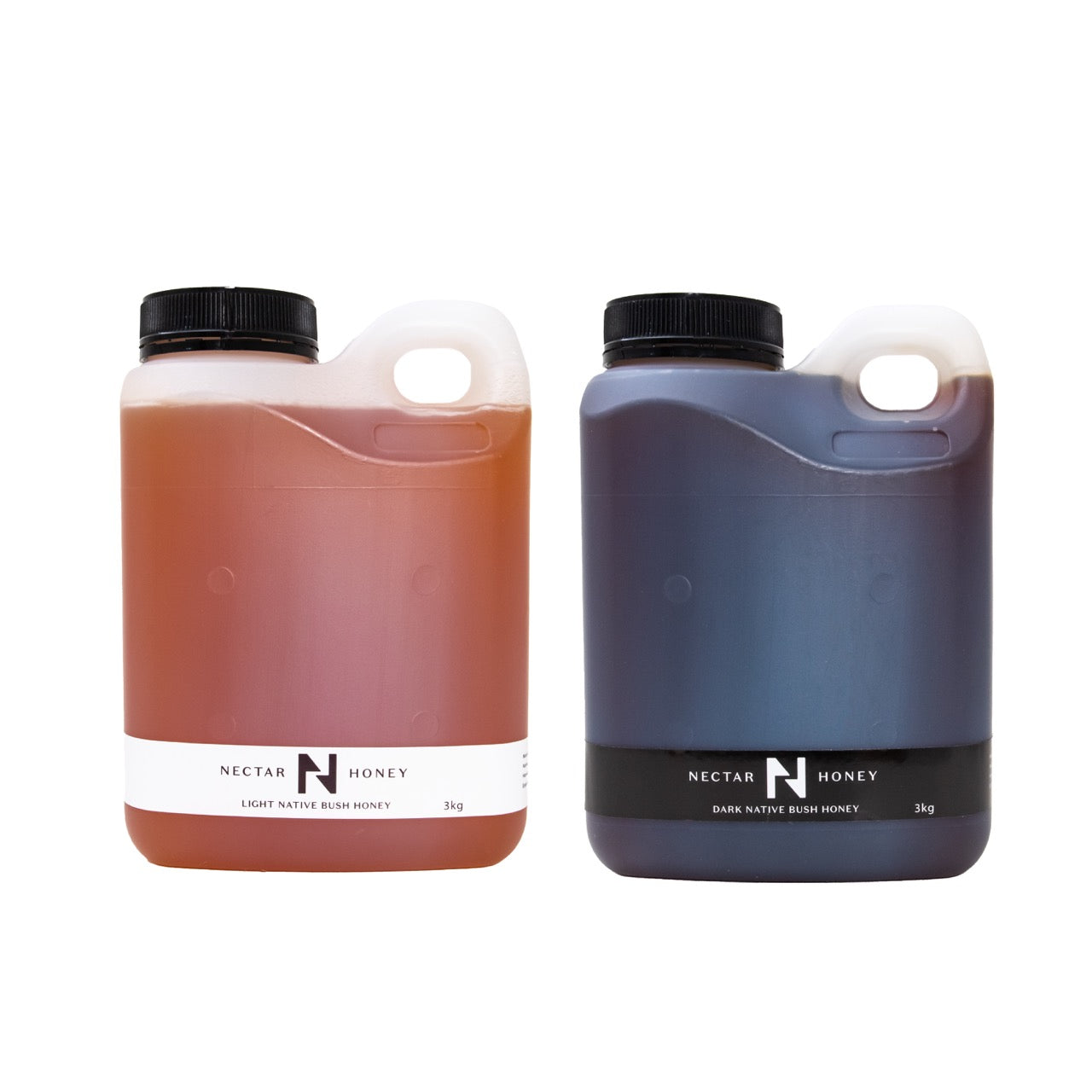 Two Jerry Cans, one with light colored honey and the other with dark colored honey, each labeled with the brand 'Nectar N Honey'.