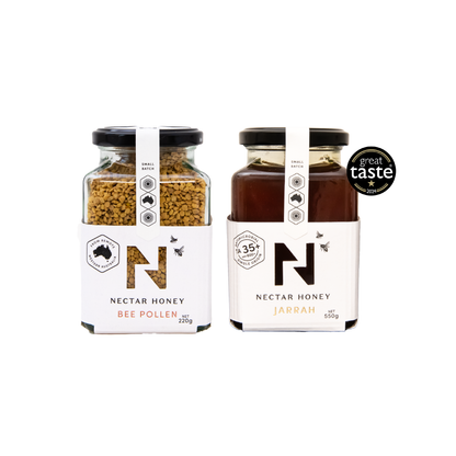 Two jars of Nectar Honey with labels on a white background