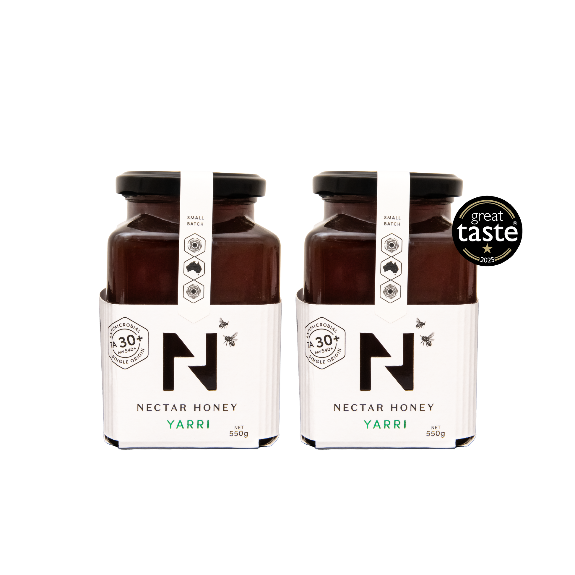 Two jars of Nectar Honey Yarri with a 'Great Taste' award on a white background