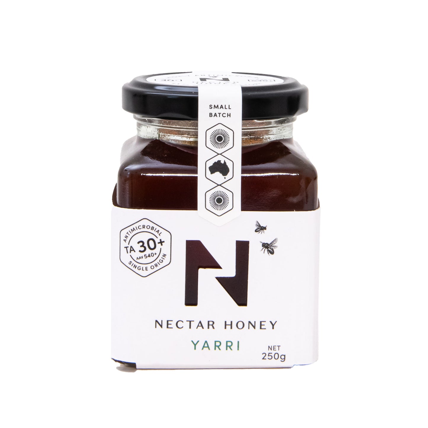 Jar of Nectar Honey Yarri with a white label on a white background